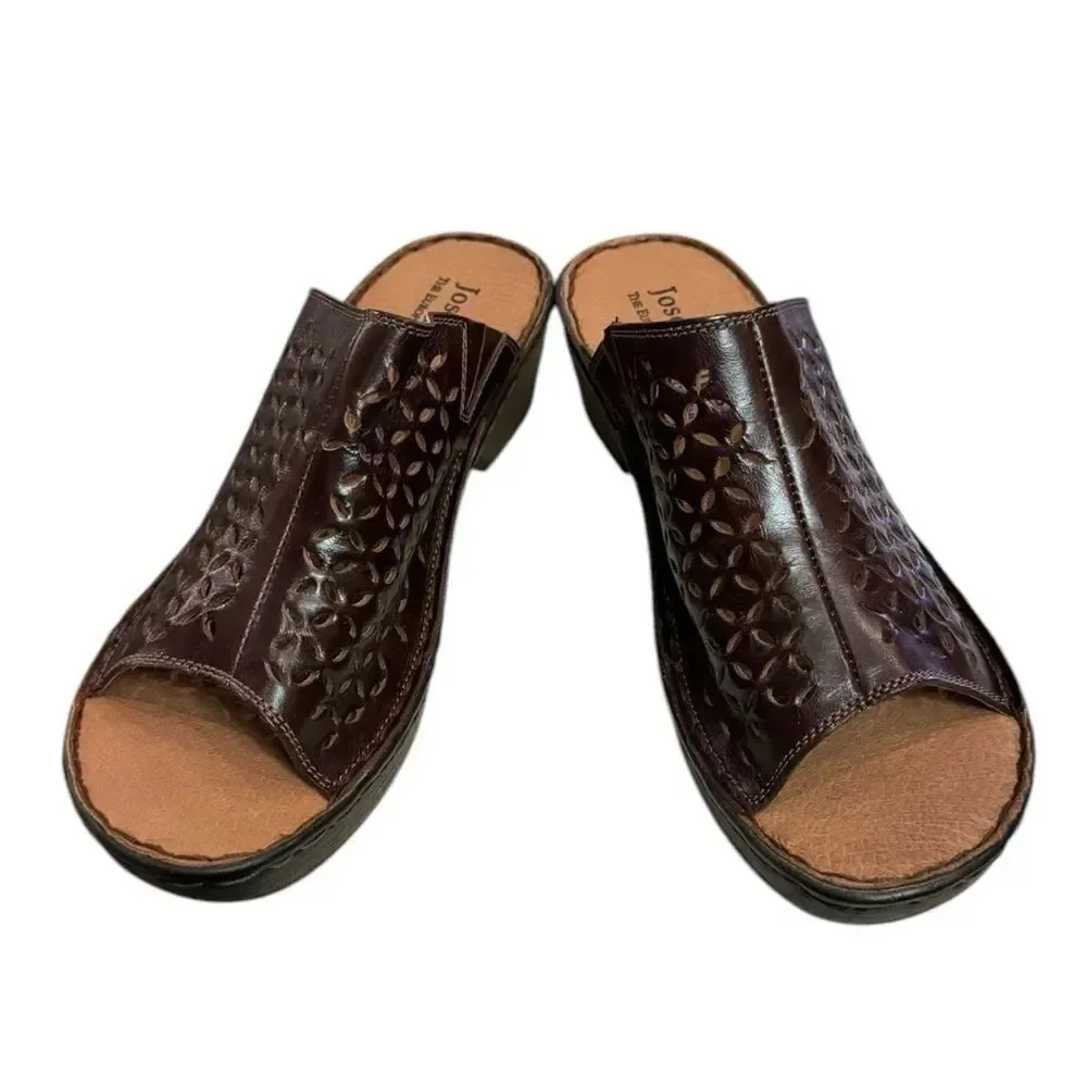 New Josef Seibel Rebecca 25 Women Brown Leather Slide Platform Sandals. 37 6 6.5